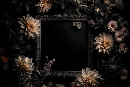 Beautiful black background with flowers and copy space. Empty space for text. Frame, dark backdrop. Generative AI.の素材