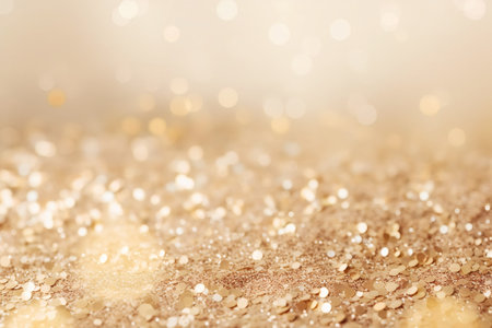 Beautiful abstract background with sparkles and copy space. Golden backdrop with glitter, sequins. Celebration, festive, event. Bokeh effect. Trendy design. Generative AI.の素材