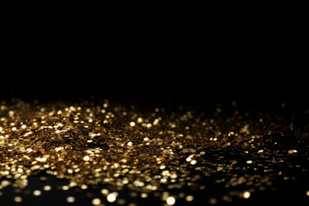 Beautiful black abstract background with sparkles and copy space. Backdrop with golden glitter, sequins. Celebration, festive, event. Bokeh effect. Trendy design. Generative AI.の素材