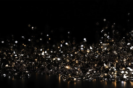 Beautiful black abstract background with sparkles and copy space. Backdrop with golden glitter, sequins. Celebration, festive, event. Bokeh effect. Trendy design. Generative AI.の素材