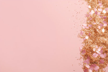 Beautiful abstract background with sparkles and copy space. Light pink backdrop with glitter, sequins. Celebration, festive, event. Bokeh effect. Trendy design. Generative AI.の素材