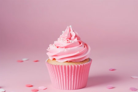 Pink cupcake with copy space on pink background. Happy Birthday, Mothers or Womans Day, Valentins Day dessert. Empty space for text. Postcard, greeting card design. Generative AI.の素材
