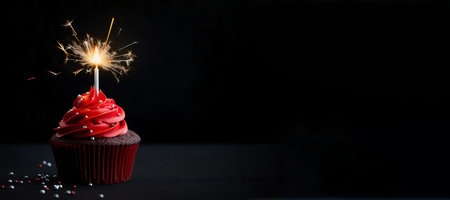 Elegant red cupcake with glitter, sparkler and copy space on black background. Happy Birthday dessert. Empty space for text. Postcard, greeting card design. Generative AI.の素材