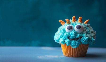 Cute and funny cupcake for kids on blue background with copy space. Happy Birthday dessert. Childrens party. Empty space for text. Postcard, greeting card design. Monster muffin. Generative AI.の素材