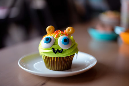Cute and funny cupcake for kids. Happy Birthday, Halloween dessert. Childrens party. Monster muffin. Generative AI.の素材