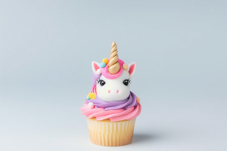 Cute cupcake for kids with copy space. Happy Birthday dessert. Childrens party. Empty space for text. Postcard, greeting card design. Unicorn muffin. Generative AI.の素材