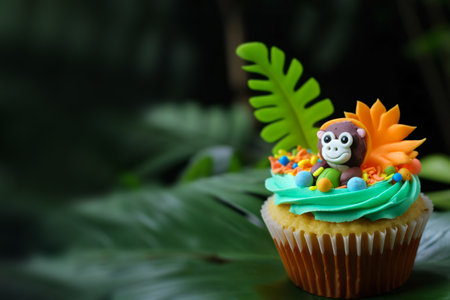 Cute cupcake for kids with copy space. Happy Birthday dessert. Childrens jungle party. Empty space for text. Postcard, greeting card design. Muffin with tropical leaves and monkey. Generative AI.の素材