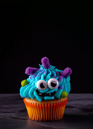 Cute and funny cupcake for kids on dark background with copy space. Happy Birthday, Halloween dessert. Childrens party. Empty space for text. Postcard, greeting card design. Monster muffin. Generative AI.の素材