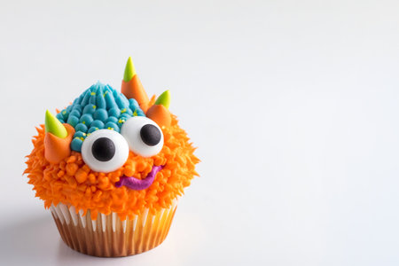 Cute and funny cupcake for kids on white background with copy space. Happy Birthday dessert. Childrens party. Empty space for text. Postcard, greeting card design. Monster muffin. Generative AI.の素材