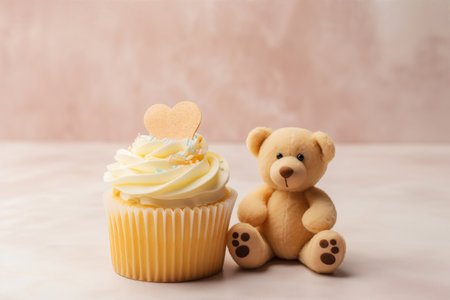 Cute cupcake for kids with copy space. Happy Birthday dessert. Childrens party. Empty space for text. Postcard, greeting card design. Muffin with teddy bear. Generative AI.の素材