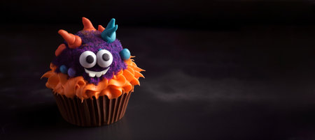 Cute and funny cupcake for kids on dark background with copy space. Happy Birthday, Halloween dessert. Childrens party. Empty space for text. Postcard, greeting card design. Monster muffin. Generative AI.の素材
