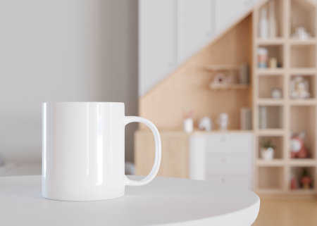 White kids mug mock up. Blank template for your design, advertising, logo. Close-up view. Copy space. Cup standing in children room. Playful cup mockup. 3D rendering.の写真素材