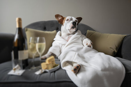 Dog is relaxing after bath. Pets spa, grooming salon, pet resort. Animal care service, bathing. Rest, relax, wellness. Generative AI.の素材