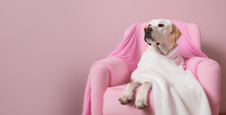 Dog is relaxing on pink armchair. Pets spa, grooming salon, pet resort. Animal care service, bathing. Rest, relax, wellness. Banner with copy space for text, advertising. Generative AI.の素材