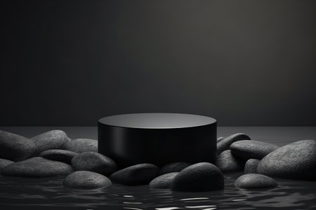 Product presentation mock-up with rocks and water. Podium with copy space. Stage, display, showroom. Empty scene. Generative AI.の素材