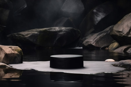 Product presentation mock-up with rocks and water. Podium with copy space. Stage, display, showroom. Empty scene. Generative AI.の素材