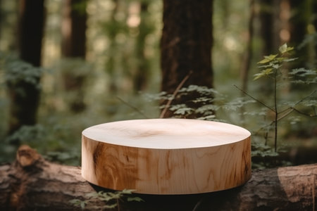 Wooden product presentation mock-up with plants. Podium with copy space. Stage, display, showroom. Empty forest scene. Generative AI.の素材