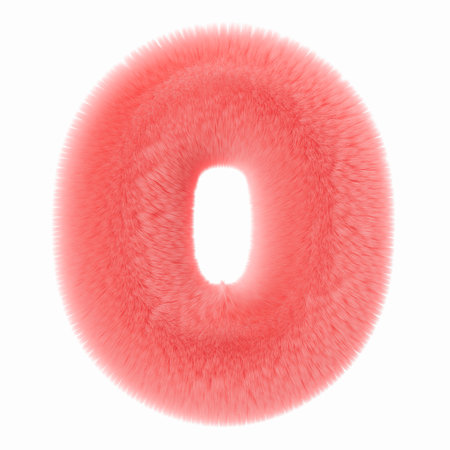 Pink and fluffy 3D number zero, isolated on white background. Furry, soft and hairy symbol 0. Trendy, cute design element. Cut out object. 3D rendering.の写真素材