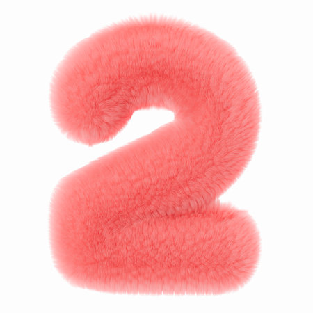 Pink and fluffy 3D number two, isolated on white background. Furry, soft and hairy symbol 2. Trendy, cute design element. Cut out object. 3D rendering.の写真素材