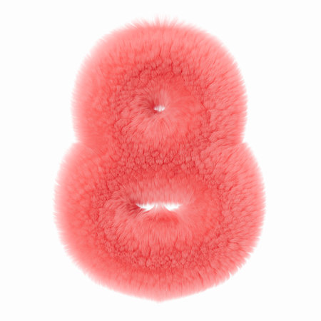Pink and fluffy 3D number eight, isolated on white background. Furry, soft and hairy symbol 8. Trendy, cute design element. Cut out object. 3D rendering.の写真素材