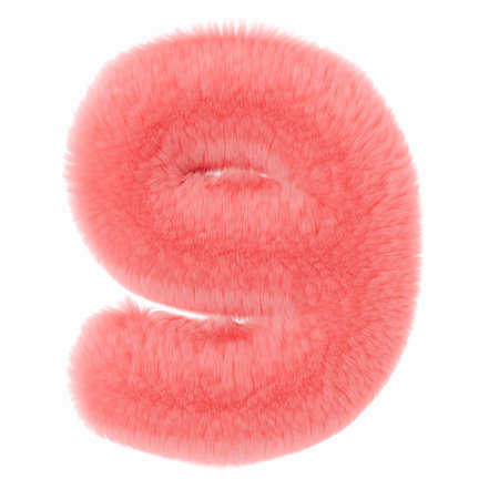 Pink and fluffy 3D number nine, isolated on white background. Furry, soft and hairy symbol 9. Trendy, cute design element. Cut out object. 3D rendering.の写真素材