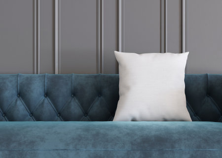 White square pillow in modern room. Blank cushion case template for your graphic design presentation. Pillow cover mock up for print, pattern, personalized illustration. Close-up. 3D rendering.の写真素材