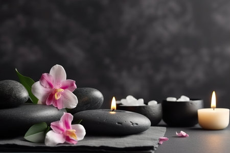 Beautiful spa background with copy space. Wellness backdrop. Empty space for text, advertising. Beauty procedure, service. Relax and wellbeing. Generative AI.の素材