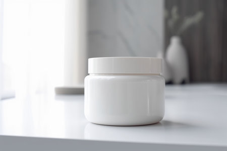 White and blank, unbranded cosmetic cream jar standing on the table at home. Skin care product presentation. Skincare, beauty and spa. Jar with copy space, moisturizer. Generative AI.の素材