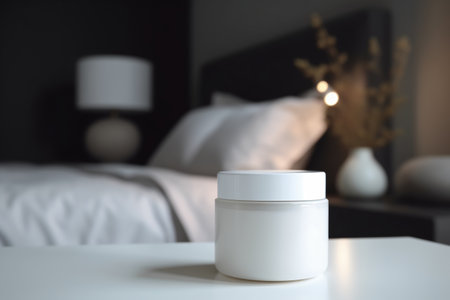 White and blank, unbranded cosmetic cream jar standing on the table at home. Skin care product presentation. Skincare, beauty and spa. Jar with copy space, moisturizer. Generative AI.の素材