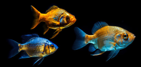 Set of beautiful golden fishes, isolated on black background. Collection of ocean inhabitants. Marine life. Undersea creatures. Underwater wildlife. Realistic fish. Generative AI.の素材