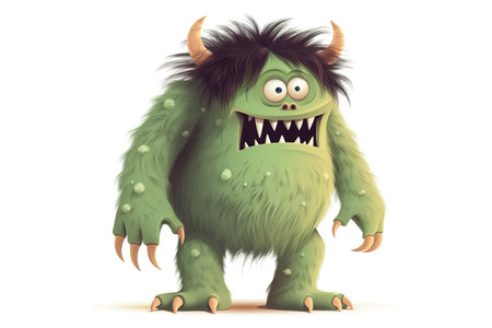 Funny green cartoon monster on white background. Scary creature. Cute Halloween character. Generative AI.の素材