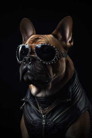 Cool dog with sunglasses and leather jacket on black background. Fashionable appearance, be trendy. Style and fashion. Stylish pet. Dog boss, funny pet. Generative AI.の素材