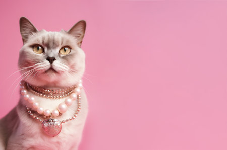 Cool cat with neckless on pink background. Fashionable appearance, be trendy. Copy space for text. Style and fashion. Stylish pet. Jewelry, accessories. Generative AI.の素材