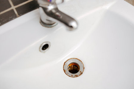Dirty and rusty washbasin, close up view. Metal drain hole with red rust stain. Corrosion, unsanitary. Stained bathroom plumbing. Cleaning service needed. Unclean home.の写真素材