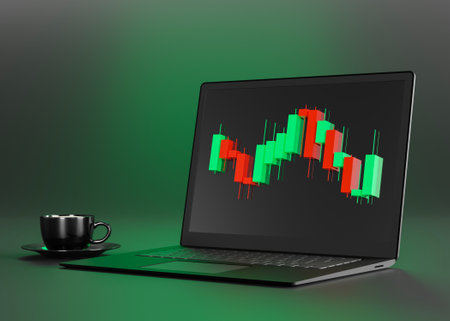 Trading chart and laptop. Trading PC, computer. Buy, sell on stockmarket. Stock trade data on graph with japanese sticks. Trader job, trade from home. Investment, finance and analysis. 3D render.の写真素材