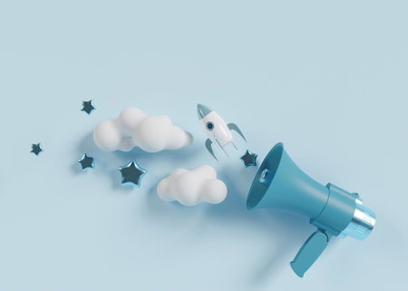 Blue megaphone with rocket, clouds, stars and copy space above. Its a boy backdrop with empty space for text. Baby shower or birthday invitation, party. Baby boy birth announcement. 3D render.の写真素材