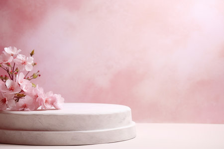 Podium with beautiful flowers. Mock up for product, cosmetic presentation. Pedestal or platform for beauty products. Empty scene. Stage, display, showcase. Podium with copy space. Generative AI.の素材