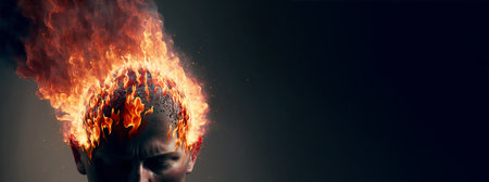 Head and fire. Headache, aggression, negative emotions concept. Losing control. Problems with mental health. Anger. Banner with copy space, black background. Generative AI.の素材