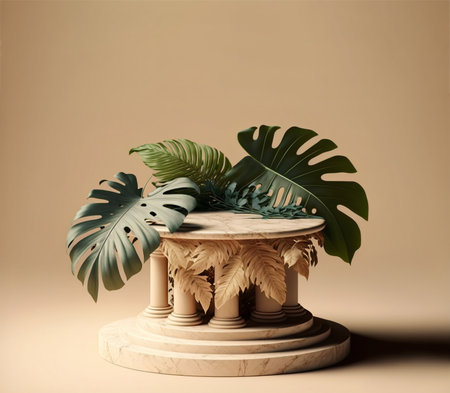 Product presentation mock-up with plants leaves. Podium with copy space. Stage, display, showroom. Empty scene. Generative AI.の素材