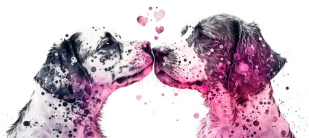 Two dogs are kissing. Watercolor effect. Valentines Day, love. Couple, relationship. Postcard, greeting card design. Generative AI.の素材