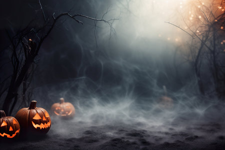Dark Halloween background with empty space. Pumpkin, Jack OLantern. Copy space for your text. Happy Halloween. Mystical backdrop. Generative AI.の素材