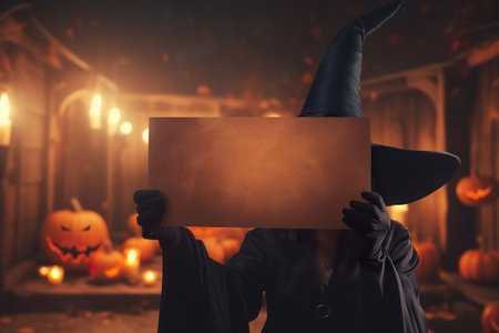 Witch holding blank old paper, mystical atmosphere. Copy space for your text. Halloween background with empty space. Happy Halloween. Generative AI.の素材