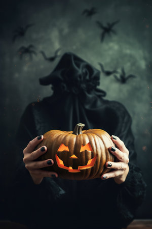 Scary witch with Jack OLantern. Close uo view. Happy Halloween. Trick or treat. Copy space. Generative AI.の素材
