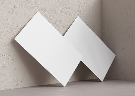 Blank white business cards on beige background. Modern mock up for branding identity. Two cards to show both sides. Template for graphic designers. Empty, copy space. Visiting card. 3D rendering.の写真素材