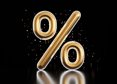 Golden discount sign with confetti on black background. Percent symbol. Sale, special offer, good...