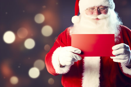 Santas hands holding blank paper, festive atmosphere. Copy space for your text. Christmas background with empty space. Santa Claus. Merry Xmas, New Year. Generative AI.の素材