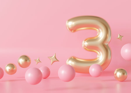 Golden number three on pink background. 3 Years Old. Third Birthday Celebration. Girls party. Baby girl celebrates. Special event. Anniversary of the beauty company, womens business. 3D Render.の写真素材