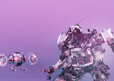 Futuristic layout with robot and copy space for your text. Artificial intelligence, digital technology. Digital smart world metaverse. Empty space. Humanoid, cyborg. Robotics technology, sci-fi. 3D.の写真素材