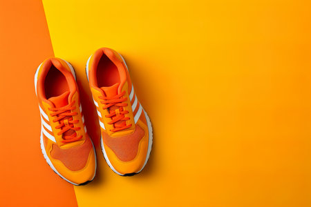 Orange and white sport shoes on yellow background. Close-up view. Empty, copy space for text. Colorful, vibrant footwear, fashion. Active lifestyle, loss weight concept. Generative AI.の素材