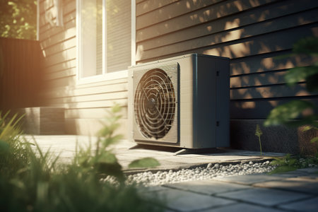 Air heat pump standing outdoors. Modern, environmentally friendly heating. Save your money with air pump. Air source heat pumps are efficient and renewable source of energy. Generative AI.の素材